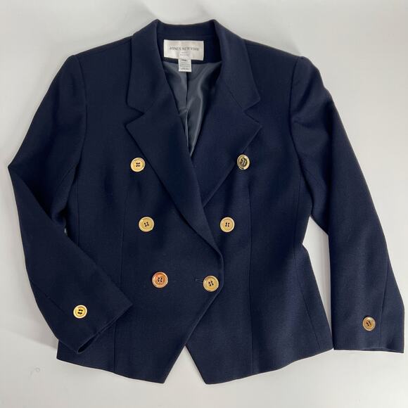 Vtg Jones New York Wool Blazer Women 10P Navy Gold Button Double Breasted USA - Picture 1 of 10
